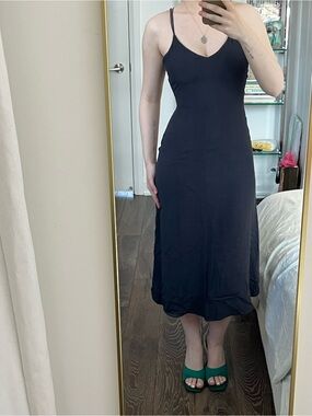 Wilfred Aritzia Dark Grey Slip Midi Dress with Spaghetti Straps & Open Tie Back